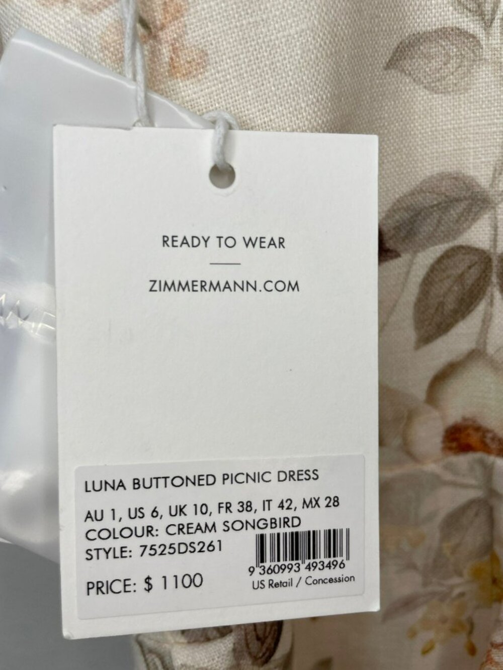 Zimmermann Luna Buttoned Picnic Dress Cream Songbird Linen Floral Midi Sz 6 NEW - Picture 9 of 10